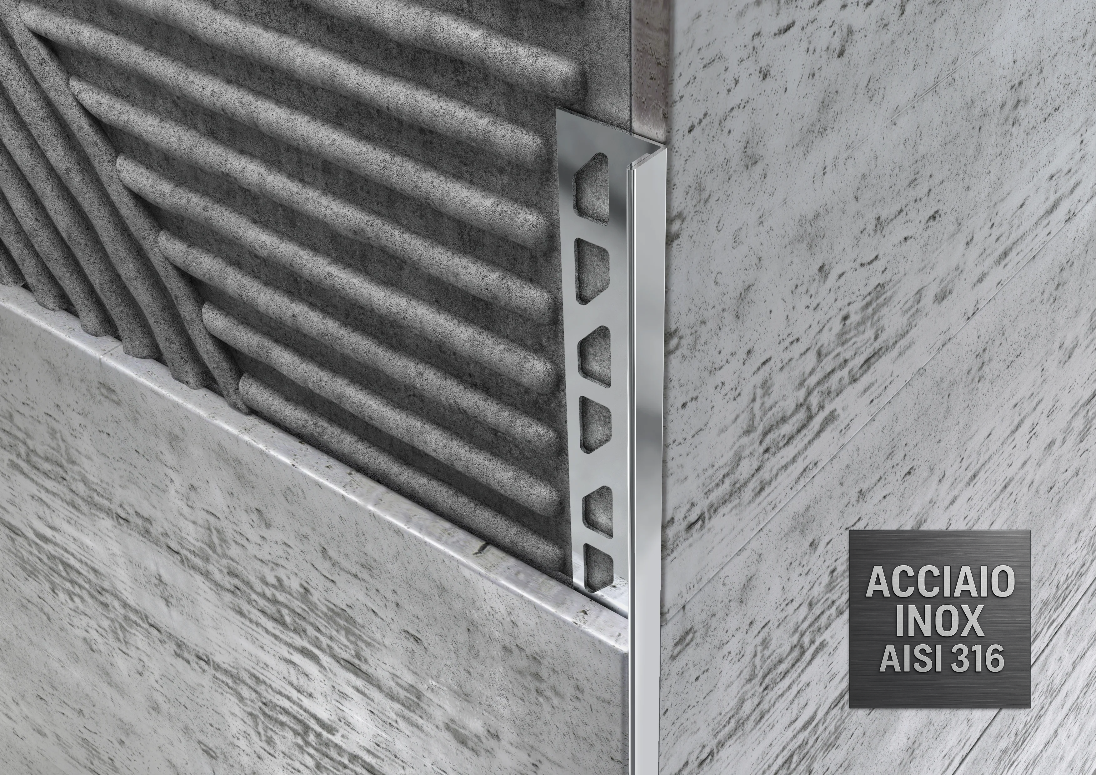 Profilo terminale e delimitazione in ACCIAIO INOX AISI 316 per piastrelle. Barra 2.7 m