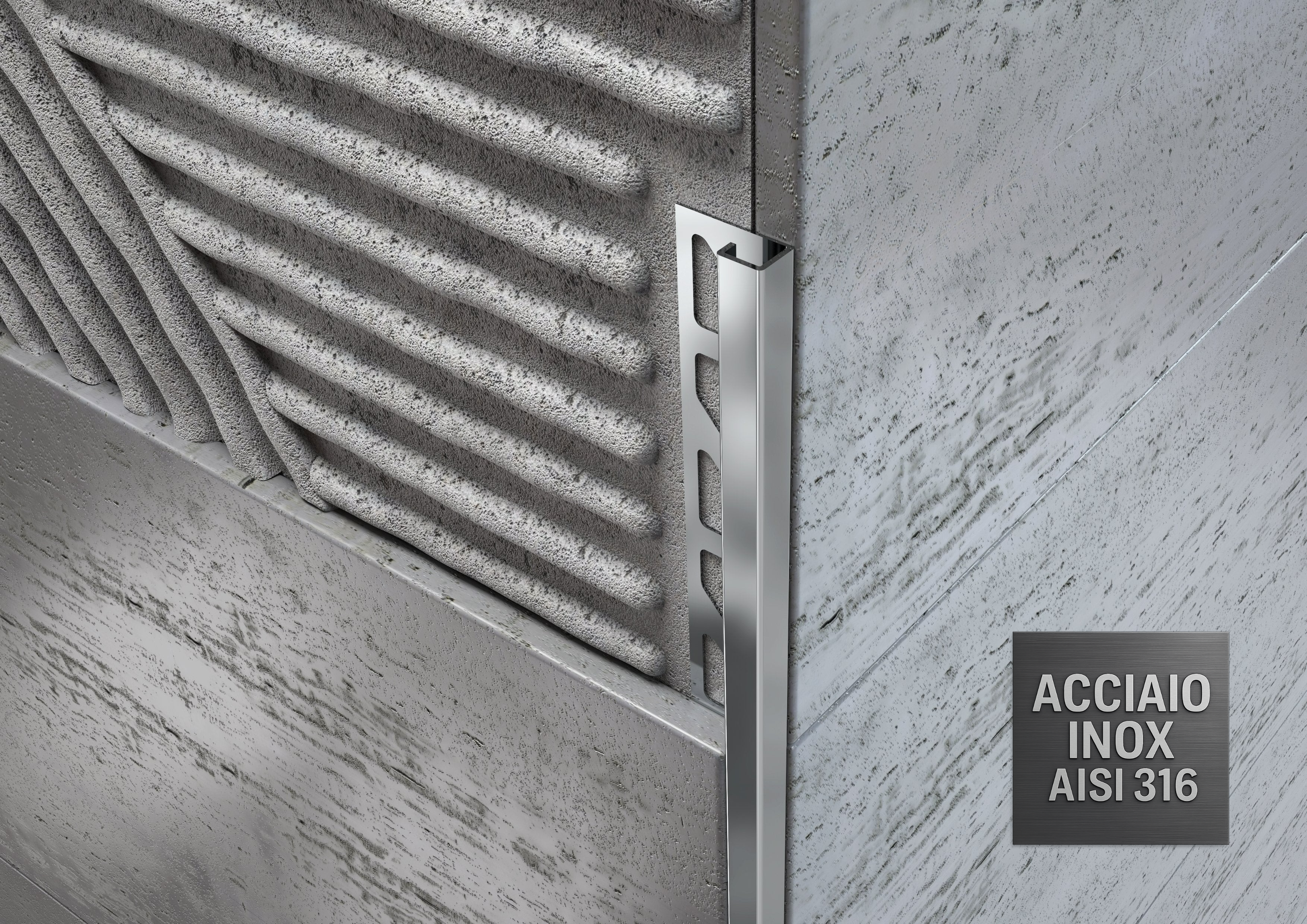 Profilo in ACCIAIO INOX AISI 316 sezione quadra per piastrelle. Barra 2.7 m