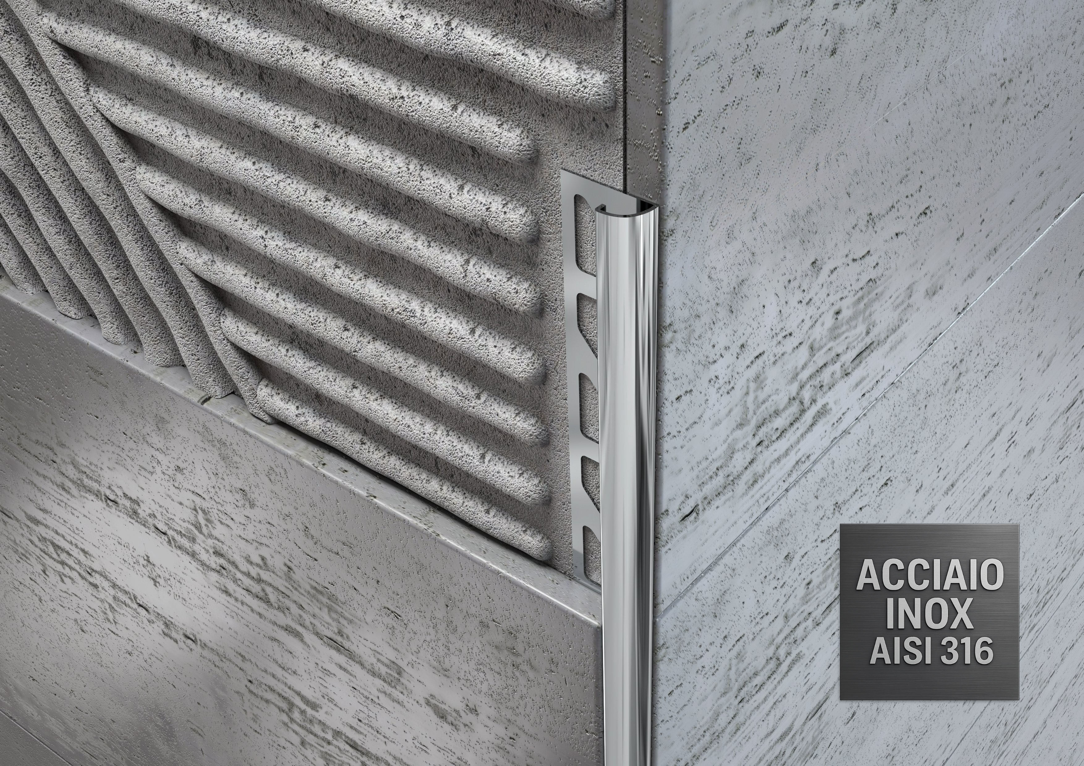Profilo in ACCIAIO INOX AISI 316 sezione tonda per piastrelle. Barra 2.7 m
